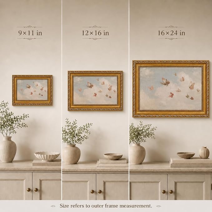 Framed Butterfly Canvas Wall Art,Vintage Girl Nursery Wall Decor9X11in | Soft pastel canvas print Romantic Nature Paint Picture for bedroom, nursery, living room or entryway