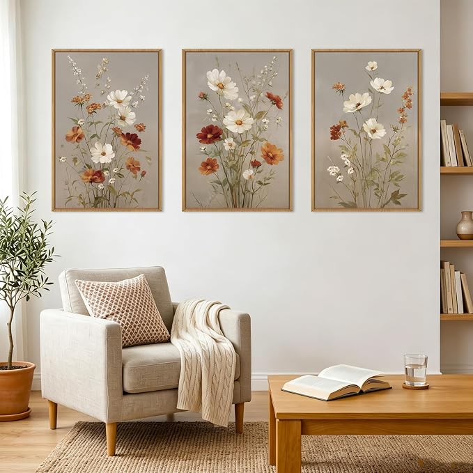 BINCUE Vintage Flower Wall Art Framed Rustic Wildflower Artwork Neutral Botanical Wall Decor Mid Century Floral Painting Farmhouse Daisy Prints for Living Room Bedroom Office 24" Lx36 W Set of 3