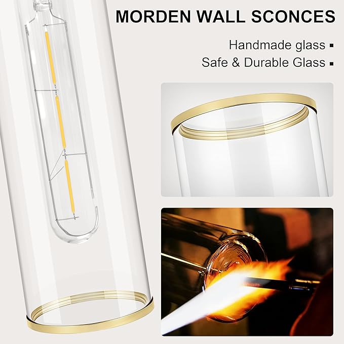 Wall Sconces Set of Two, Black and Gold Bathroom Wall Sconces with Clear Glass,Hardwired Modern Sconces Wall Decor Set of 2 Wall Light for Bathroom Mirror Bedroom Living Room Hallway Vanity