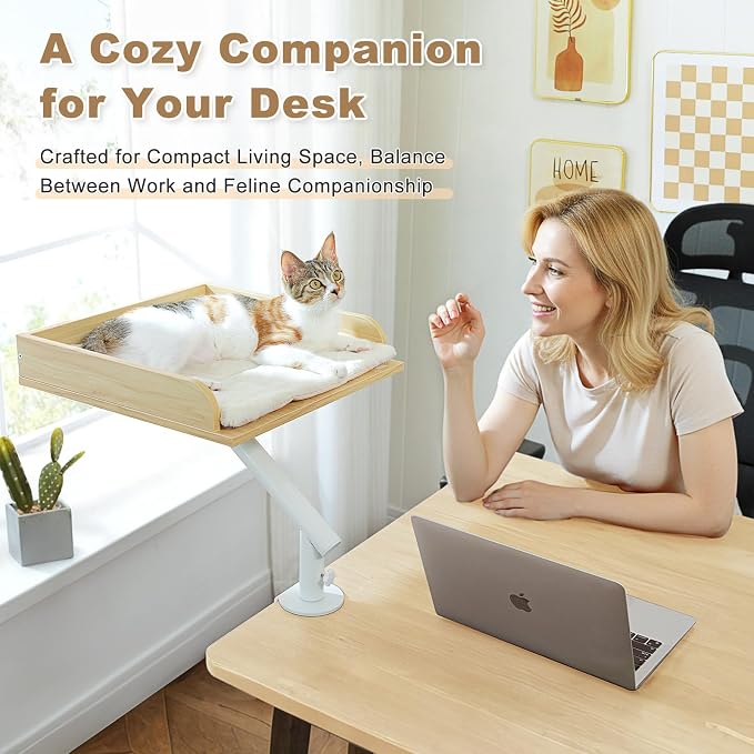 PAWZ Road Cat Desk Bed 360°Rotating Supports to 50 Lbs Cozy Nest for Desk | Wooden Desk Mount Cat Bed with Sturdy Clamp – Fits Desks & Tables, Padded Soft Nest for Cats, Holds Up to 50 lbs