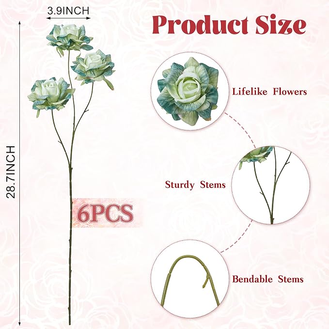 INXUGAO Artificial Flowers Fake Roses for Outdoor, 6Pcs 28" Long Stem Silk Roses for Wedding Indoor Outside Party Decor, Realistic Faux Bouquet for Tall Vase Planter (Green)