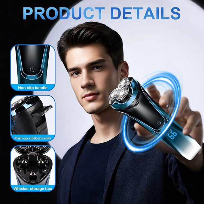 Snapbuy Electric Razor for Men, Snapbuy Electric Razor Pro of Father, Electric Shavers for Men,Ipx7 Waterproof Cordless Shaver with 90-Min Runtime, 4D Floating Head Rotary Shaver, Fast Charging(Blue)
