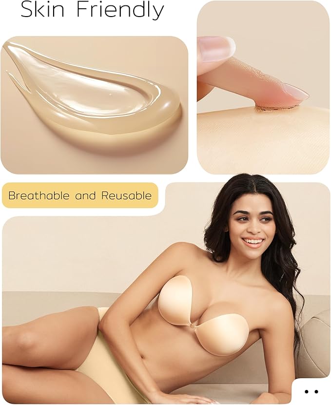Niidor Adhesive Bra Strapless Sticky Invisible Push up Silicone Bra for Backless Dress with Reusable Nipple Covers