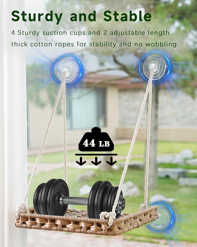 SETVSON Cat Window Perch 2 Pack, Handwoven PE Rattan Hammock, Natural | 2 Pack PE Rattan Window Hammock with 4 Suction Cups, 2.3" Safety Fence, Washable Double Sided Cushion, Steel Frame