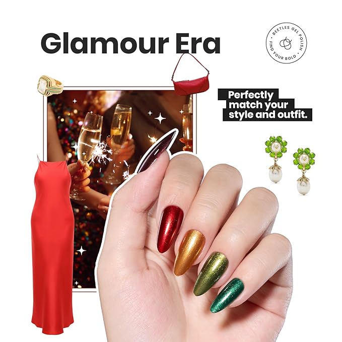 Beetles Spring Nail Polish Set - Glamour Era 6 Colors Quick Dry Glitter Burgundy Red Gold Green Yellow High-Gloss Long-Lasting Nail Polish for Winter DIY At-Home Manicure Gift for Women