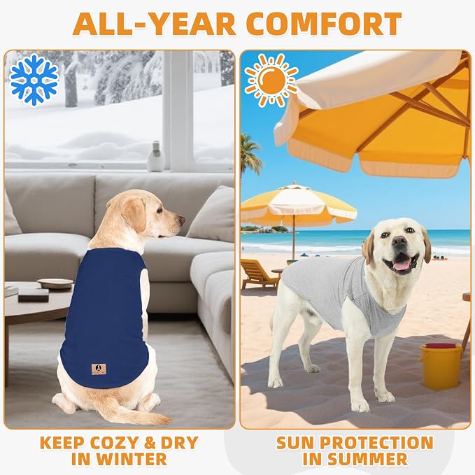 Boy Dog Clothes for Large Dogs, 2 Pack Cotton Summer Dog UV & Insect Protection T Shirts for Outdoor Hiking Camping, Anti-Hair Loss & Lightweight Pet Vest Tank Tops Apparel, Blue&Grey, XXXL