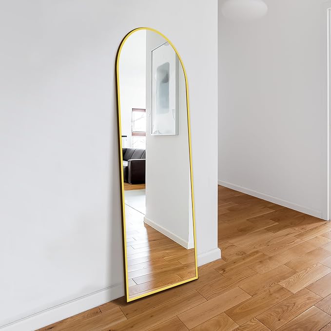 Full Length Mirror, Large Floor Mirror for Wall, Bedroom, Bathroom, Living Room with Aluminium Frame (Stand, Arch 56x15-Gold) | Aluminium alloy frame with HD float glass for distortion-free reflection. Free standing or wall mounted.