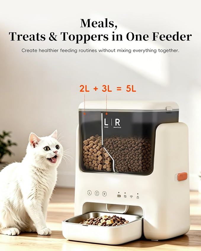 Automatic Cat Feeder, Dual Hopper for Meals & Treats, App Control | Two dry food choices, app feeding plans, 5L capacity, removable bowl, and backup power option for indoor feeding.