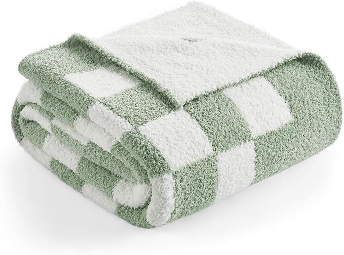 Snuggle Sac Checkered Throw Blanket for Couch, Super Soft, Cozy Warm Knit Blankets, Reversible Plaid Fluffy Throws for Sofa, Bed, Checkered Sage Green, 50x60 Inches