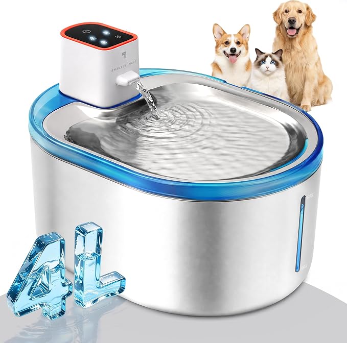Sharper Image Stainless Steel Cat Water Fountain, Cordless 4L Rechargeable | 2 flow modes, LED alerts, Type-C battery, 10.4x7.8x4.8in, for cats dogs