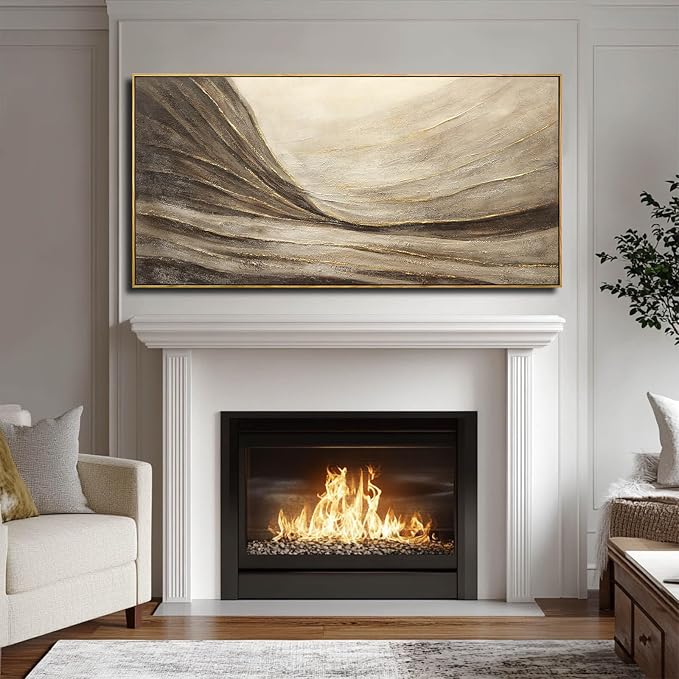 Framed Brown Gold Abstract Wave Canvas Wall Art for Living Room 24x48 Inch