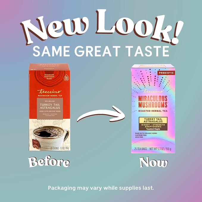 Teeccino Mushroom Herbal Tea - Turkey Tail Astragalus Toasted Maple - Caffeine Free, Prebiotic, 3x More Herbs - 25 Tea Bags