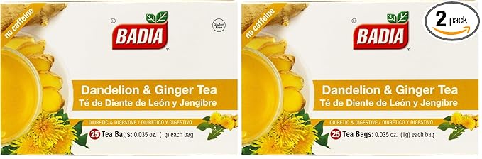 Badia Dandelion & Ginger Tea, 25 Bags – Herbal Detox Blend for Digestive Support and Liver Health (Pack of 2)