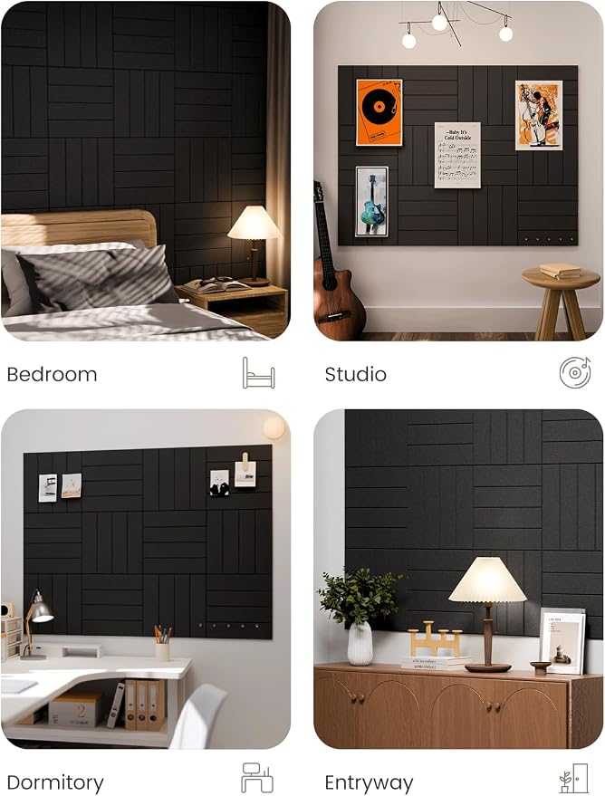 Fluxynara 48" x 36" Large Felt Bulletin Board, Black | 12 Pack Cork Board Alternative with 60 Safe Adhesive Tabs, Pin Boards for Wall Decor, Home, Office, Classroom,Dorm