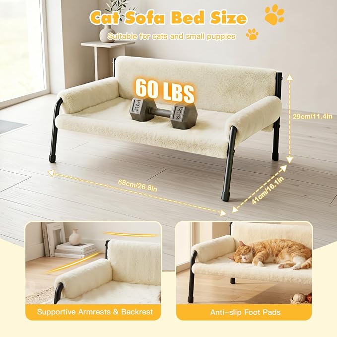 Pawaboo Elevated Cat Couch Bed for Indoor Cats, Sturdy Metal Frame Cat Sofa | Cat Bed Furniture with Removable Washable Cover, Reclined Backrest, Fluffy Raised Pet Sofa Kitten Hammock Chair Home, Beige