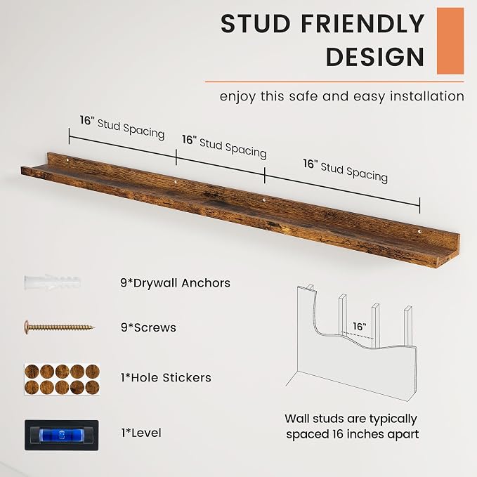 Picture Ledge Shelf, Long Floating Shelves for Wall, 56" W Set of 2, Brown | FSC Certified Engineered Wood, Wall Mounted Bookshelf, for Nursery Living Room Bedroom, Pre-Drilled, Easy Install