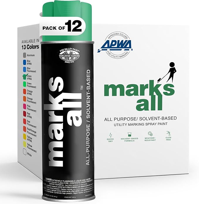 Fox Valley 18oz Marks All Solvent-Based Marking Paint Spray, 12-Pack Green APWA – Long-Lasting, Weather-Resistant Spray Paint for Wet or Dry Surfaces Like Metal, Grass, Concrete, Wood, & More