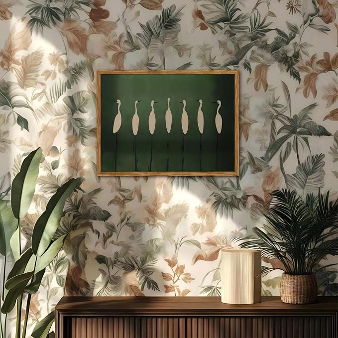 Framed Japanese Cranes Wall Art, Vintage Bird Pictures Wall Decor Paintings, Rustic Nature Animal Canvas Prints Minimalist Green Home Decor for Living Room Bedroom Office 12x16 inch