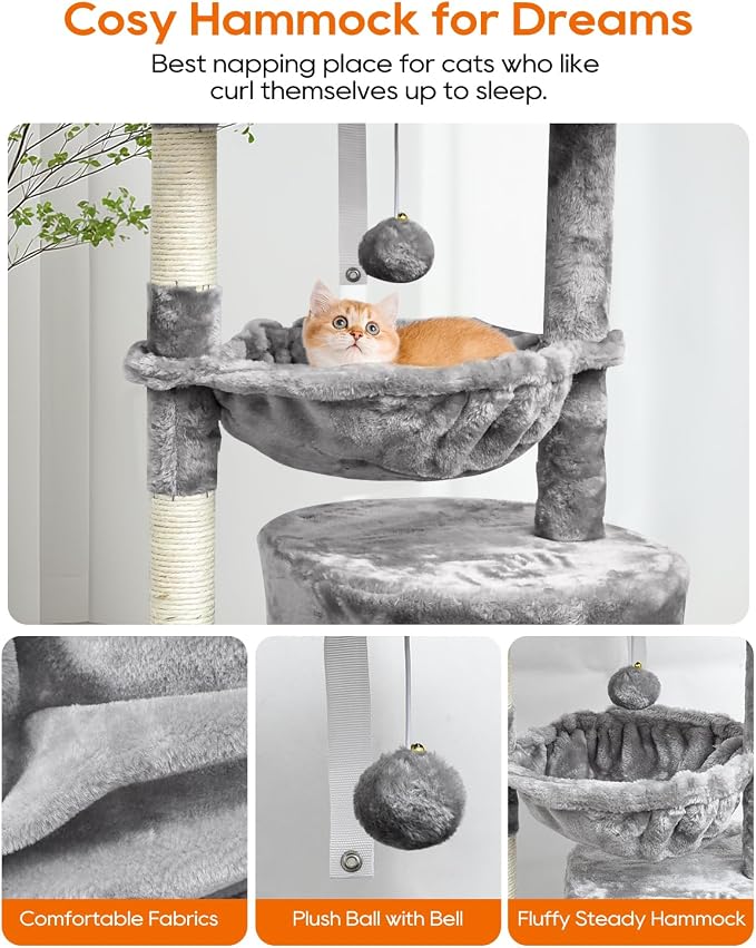 SYANDLVY Small Cat Tree for Indoor Cats, Activity Cat Tower with Scratching Post for Kittens, Modern Cat Furniture with Basket & Hanging Ball for Play Rest, Grey | Activity Cat Tower with Scratching Post, Basket & Hanging Ball for Play Rest, Grey