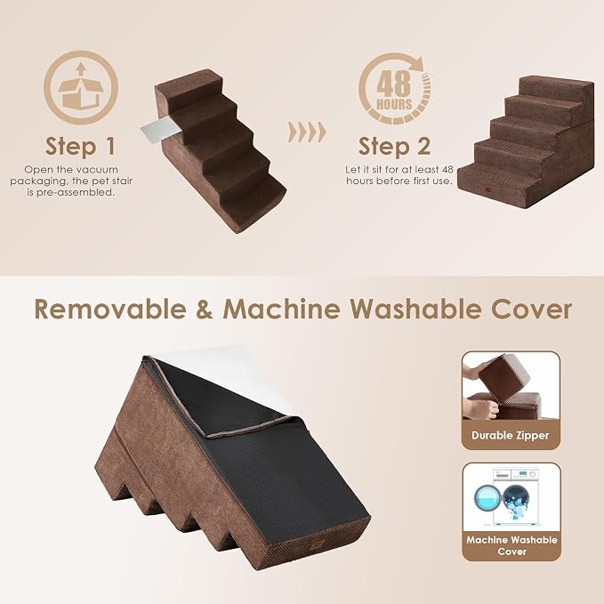 EHEYCIGA Dog Stairs for High Bed 25" H, Extra Wide Dog 5-Step, Brown | Pet Steps for Small Dogs and Cats for Bed, Non-Slip Balanced Pet Ramp Indoor