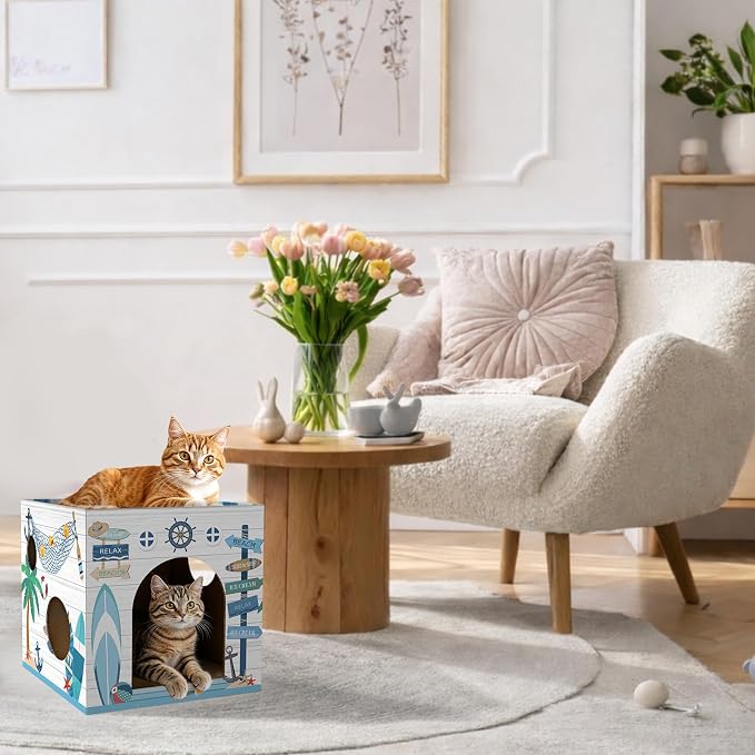 Cinrobiye Cardboard Cat House with 2 Pcs Scratching Pad，Pet Hideaway Cave Board Bed Playhouse Condo Box Decor Small Animals Scratcher Bed for Indoor Cats Kittens Rabbits Bunny