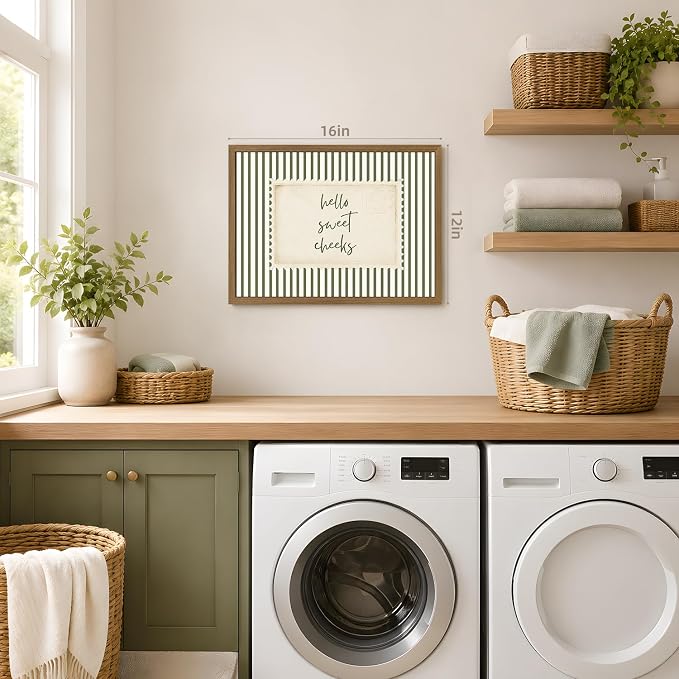 VziizV Vintage Typography Wall Art, Hello Sweet Cheeks Quote Canvas Print, Cottagecore Green Stripe Wall Decor, Neutral Farmhouse Artwork for Nursery Bedroom Bathroom Wood Framed 12x16 Inch