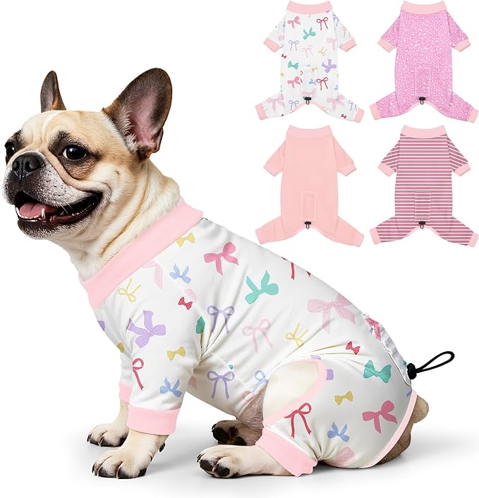 Bienbee Dog Pajamas, 4 Pack Adjustable Onesies for Small to Large Dogs L | Dog Shedding Suit with Soft Fabric, Breathable & Stretchy, and Adjustable Back Length for Sleeping Lounging and Daily Use