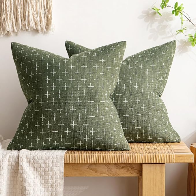 MIULEE Pack of 2 Vintage Decorative Burlap Linen Spring Throw Pillow Covers Modern Farmhouse Pillowcase Rustic Woven Textured Cushion Cover for Sofa Couch Bed 20x20 Inch Olive Green