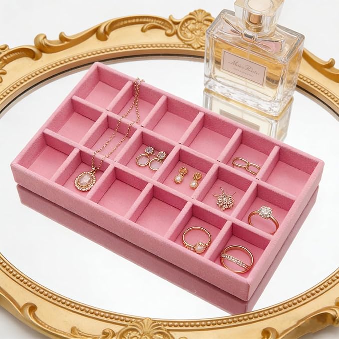 Velvet Jewelry Organizer Trays Pink 18 Grids | Stackable Jewelry Storage Display Tray with Removable Dividers for Drawers