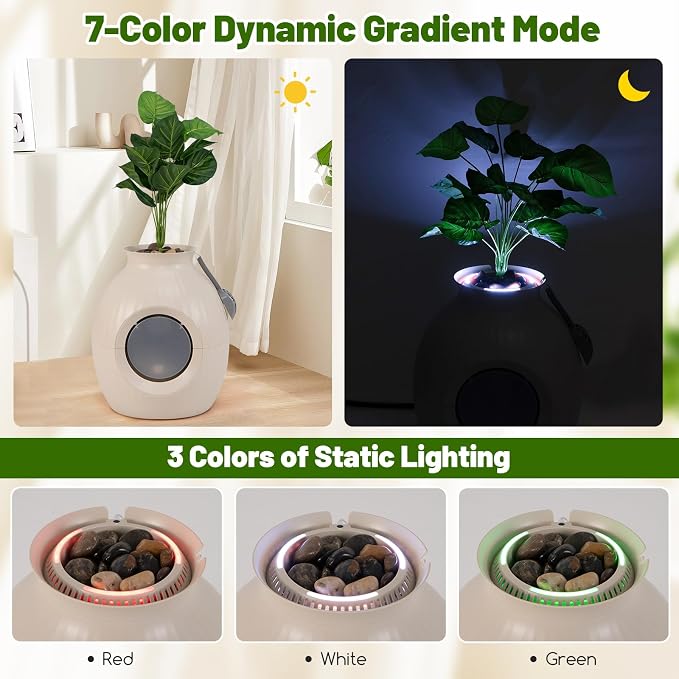 PETSITE Hidden Litter Box Plant, Cat Litter Box Enclosure Furniture with Smart Odor Removal System, 4 Light Effects, Door, Artificial Plant, Pebbles, Scoop, Planter Litter Box for Large Cats