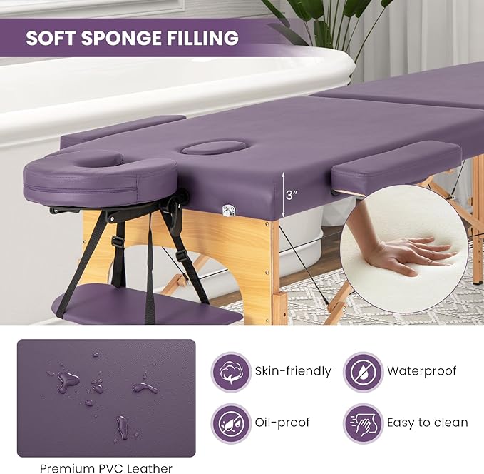 Giantex Massage Table, Portable Massage Bed w/Carrying Case, 2-Section Salon Spa Facial Care Tattoo Bed, Height Adjustable, Wood Frame, Professional Massage Lash Bed for Eyelash Extension (Purple)