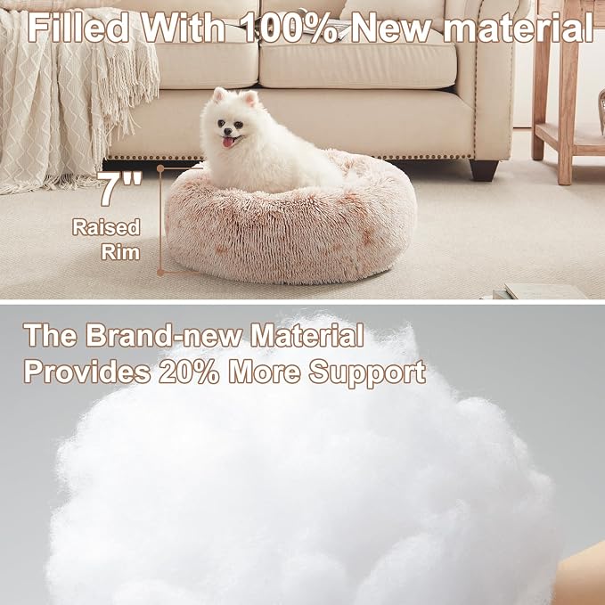 23 inches Faux Fur Fluffy Donut Dog Bed for Small Dogs,Brown | Calming Plush Round Puppy Pet Bed with Removable & Washable Cover,Fits up to 25 lbs Pets