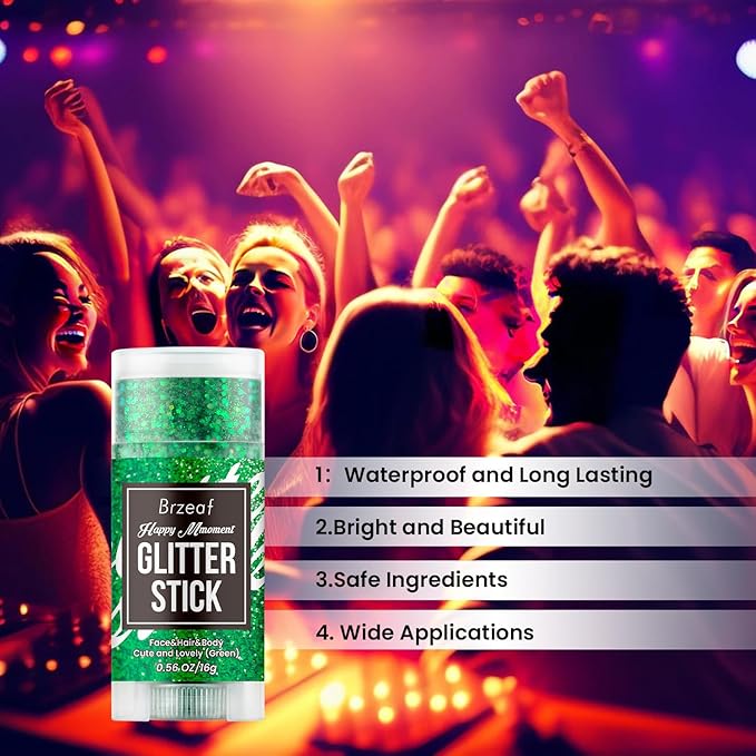 Brzeaf Waterproof Green Body Glitter Stick, Christmas Chunky Glitter for Face/Body/Hair/Eyes/Lip, Singer Concert Music Rave Festival, Glitter Stick Makeup & Face Glitter Gel for Women Men 0.56 OZ