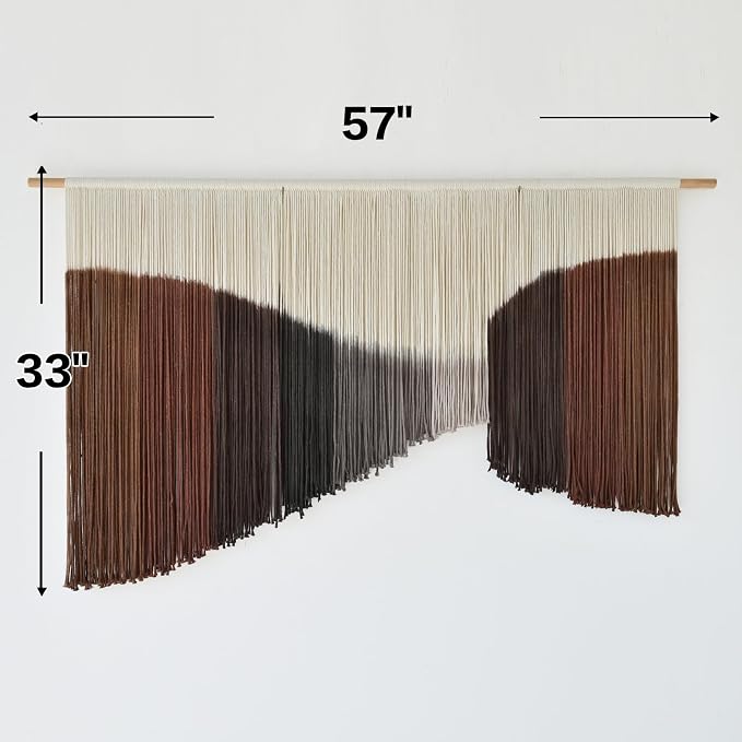 Jakalin Macrame Wall Hanging Brown Geometric Fiber Art Living Room 33" x57" | Geometric Dip-dyed Macrame Wall Art With Rich Brown-red Tones, Boho Texture, Artisan Character, and Home Style.