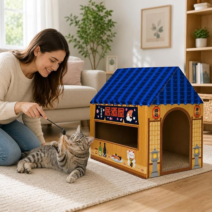 Cinrobiye Cardboard Cat House with Scratcher Izakaya Bar Pet Board Bed Cave Playhouse Hideaway Hideout Condo Decor Small Animals Scratch Box for Indoor Cats Kittens Rabbits Bunny