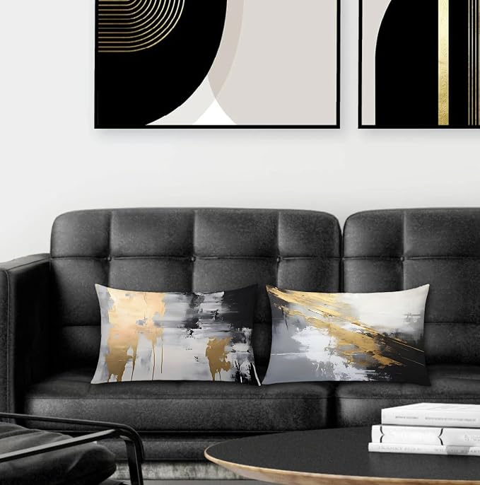 Abstract White and Gold Pillow Covers, 16x24 Set of 2, Modern Black and White for Couch, Bed, Living Room