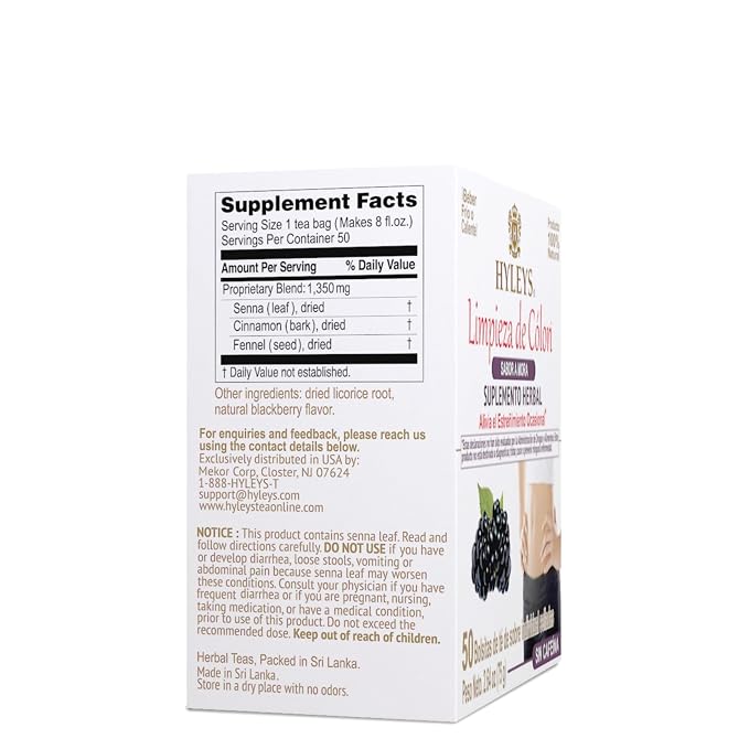 HYLEYS Colon Cleanse Tea, Blackberry Flavor - 50 Individually Wrapped Herbal Tea Bags - Caffeine Free, Gluten Free