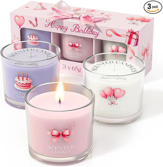 CHILLFLAME Birthday Candles, Scented Candles Gift Set for Stress Relief, 3 Votive Candles for Women and Men, Birthday Candle Gifts for Women (Pink + Purple + White, 7 oz)