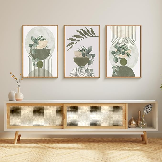 FWIEXA Sage Green Plant Canvas Wall Art Set 3, Abstract Geometric Line Botanical Framed Prints, Beige Minimalist Boho Leaf Paintings,24x36In Mid Century Modern Artwork for Living Room,Bedroom,Office