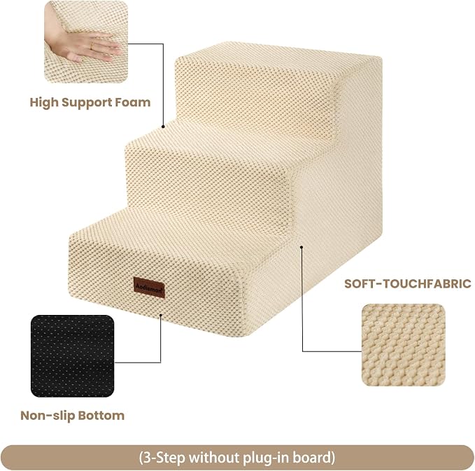 Aodisman Dog Stairs for Small Dogs,Wider 3-Step Pet Steps for Couch & Bed | High-Density Foam Dog Steps with Anti-Slip Bottom,Easy for Puppies,Older Cats & Dogs to Reach Sofas & Chairs,Beige,15.7" H