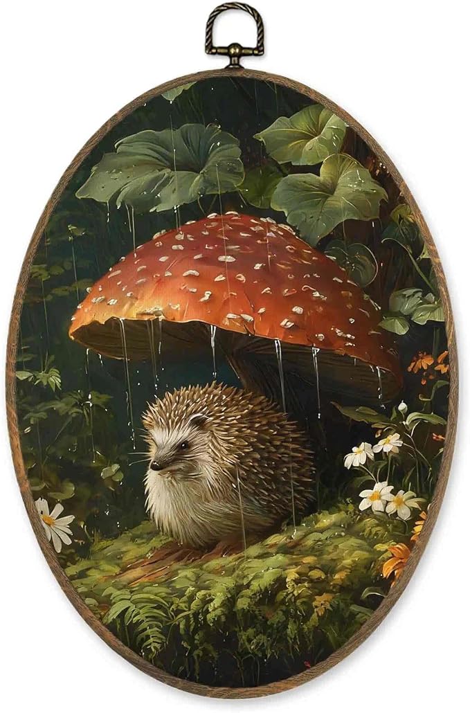 LKETW Vintage Whimsical Hedgehog Oval Wall Art Decor, Dark Cottagecore Oval Canvas Hanging Decor, Moody Botanical Hedgehog Mushroom Wall Decorations for Home Bedroom Living Room, 8.6x11.4 Inch