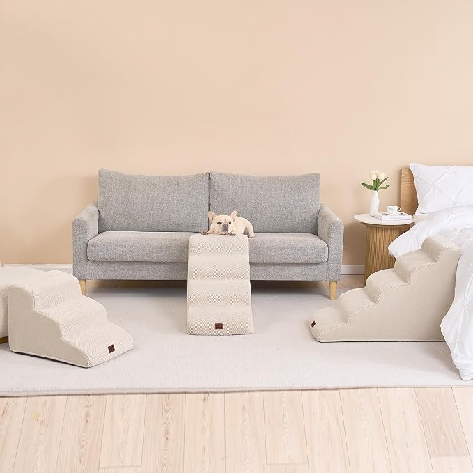 EHEYCIGA Curved Dog Stairs Ramp, 5-Step High Beds, 22.6" H Pet Step | 33D density of pure foam, for Small Dogs and Cats, Pet Stairs for High Bed Climbing, Non-Slip Balanced Indoor, Beige