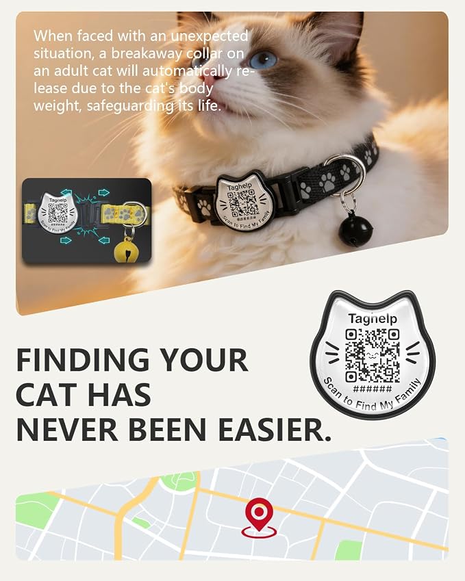 Breakaway Cat Collar with QR Code Tag and Bell (Black & Blue) | Reflective Nylon, Quick-Release Buckle