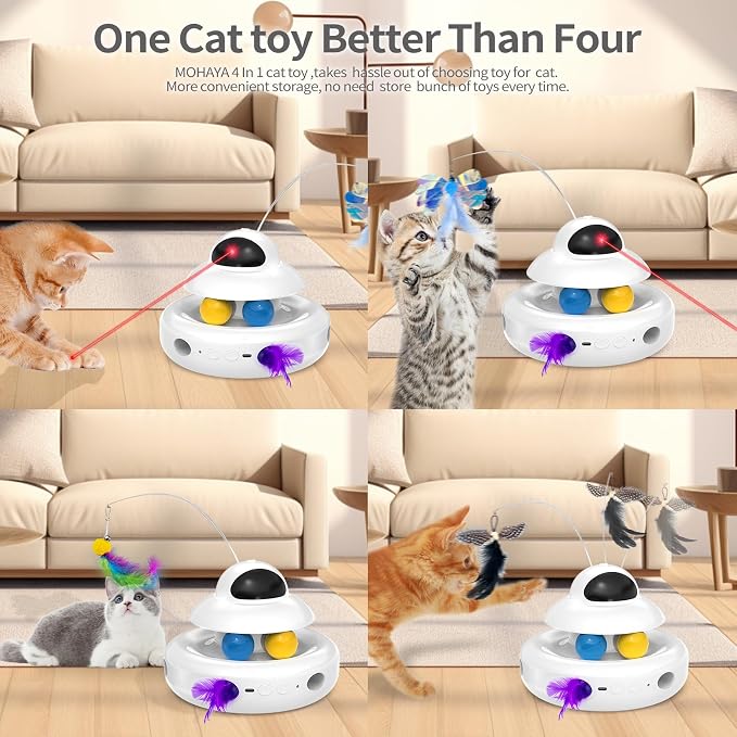 MOHAYA Cat Toys，4-in-1 Interactive Cat Toy for Indoor Cats with Laser, Fluttering Butterfly, Moving Feather and Track Balls - USB Rechargeable Self-Play Kitten Toy (White)