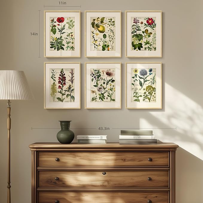 Framed Botanical Floral Wall Art for Kitchen, Set of 6 Green Painting Canvas Prints with Mat for Modern Farmhouse Wall Decor, Rustic Plant Flower Pictures for Living Room Bedroom Dining Room, 11x14