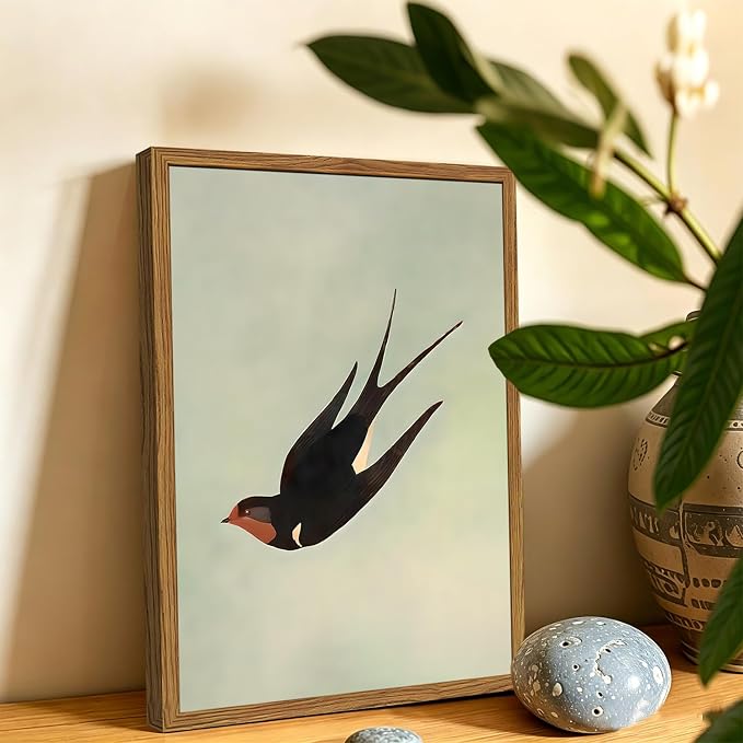 Framed Vintage Bird Wall Art, Sage Green Flying Swallow Pictures Wall Decor, Minimalist Japandi Nature Paintings Canvas Prints Modern Home Decor for Living Room Bedroom Bathroom Office 12x16 Inch