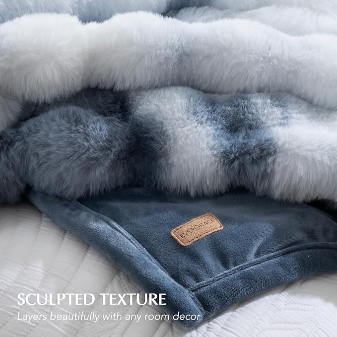 Faux Rabbit Fur Bubble Throw Blanket, 50"x60", Cloud Blue | Ultra Soft, Luxury Faux Rabbit Fur Throw, Thick Warm Bubble Blanket, Cozy Fluffy Reversible, for Bed, Couch, Chair, Sofa
