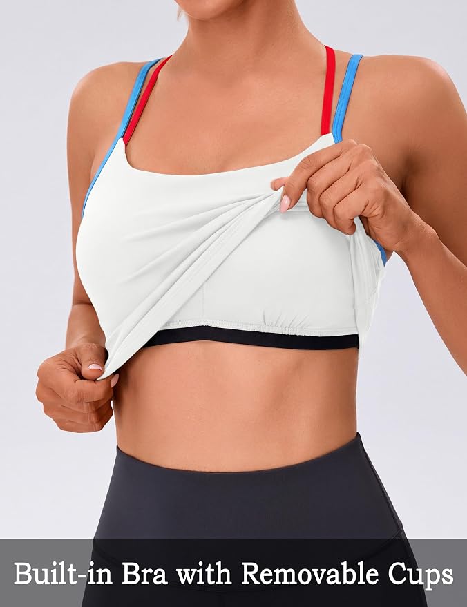 BMJL Workout Tank Tops Women Color Block Built in Bra Tops Cross Back Gym Yoga Running Shirts
