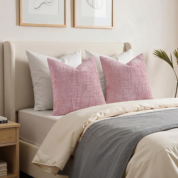 decorUhome Textured Chenille Throw Pillow Covers 26x26 Set of 2 Blush Pink | Fall Modern Farmhouse Soft Cozy Slubby Couch Pillow Cases Boho Decorative Pillow Cases for Bed Sofa Living Room Home Decor