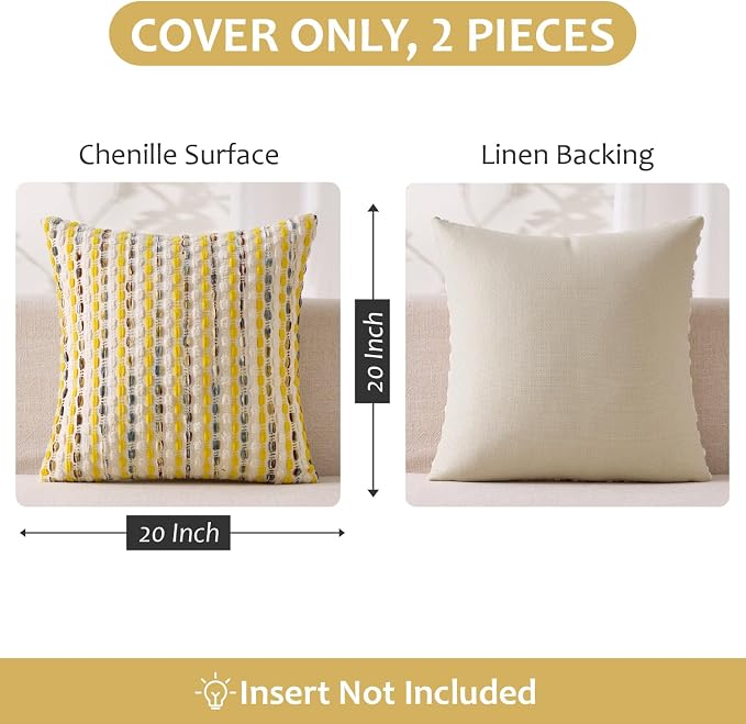 ANRODUO Boho Decorative Pillow Covers Yellow Cream 20x20 Inch Set of 2 | Chenille Tufted Pillow Covers, Woven Throw Pillow Covers with Raised Stripes, Neutral Pillowcase for Couch Sofa Living Room